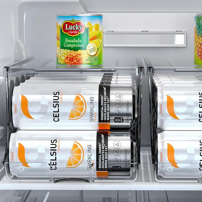SCAVATA 4 Pack Skinny Can Organizer for Refrigerator, Stackable Tall Skinny Soda Pop Can Holder Dispenser with Lid for Fridge Pantry Rack Freezer, Clear Plastic Storage Bins-Holds 12 Slim Cans Each - Image 7