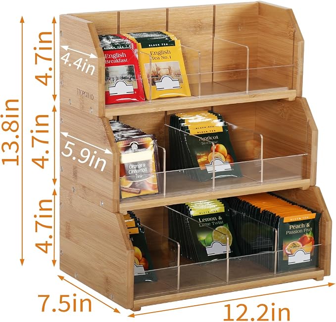 3-Layer Stackable Bamboo Tea Bag Organizer Storage Holder, Natural | Holds 260 tea bags, Removable Compartments, Wood, Acrylic dividers, 12.2 x 7.5 x 13.8 in, for Cabinet, Countertop, Office - Image 2