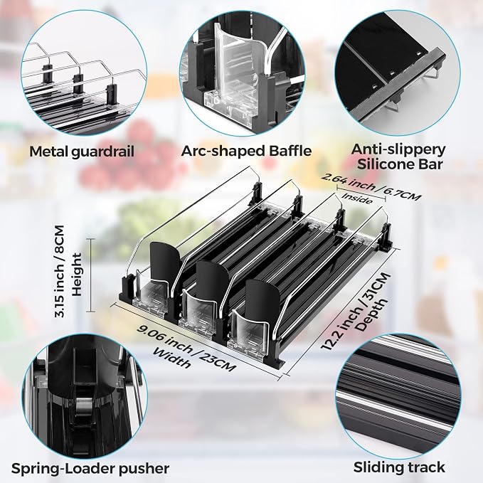 Drink Dispenser for Refrigerator, Self-Pushing Soda Can Organizer for Fridge, 3 Rows has been Assembled, Automatic Can Organizer with Spring Loaded for Refrigerator Holds 12 cans, Black - Image 6