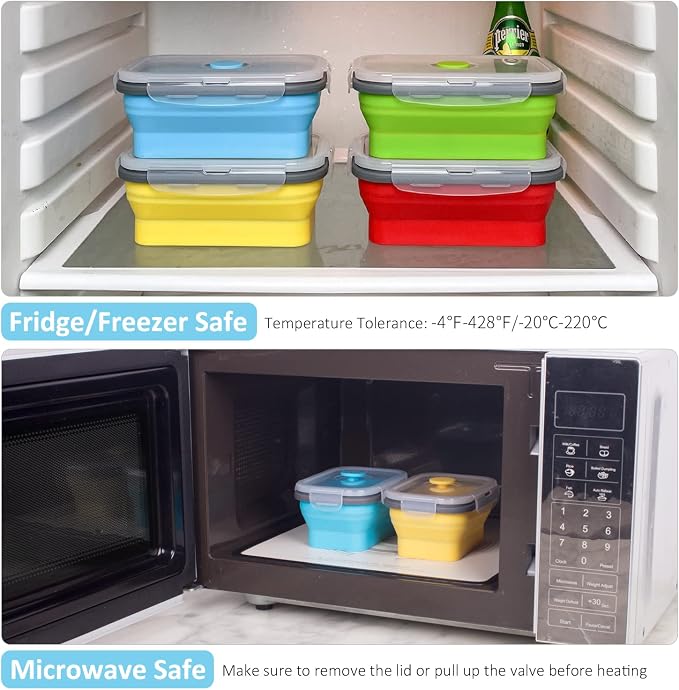 Collapsible Food Storage Containers with Airtight Lid, 16.9 oz, Small Kitchen Stacking Silicone Collapsible Meal Prep Container Set for Leftover, Microwave Freezer Dishwasher Safe, 4 Colors, Set of 4 - Image 6