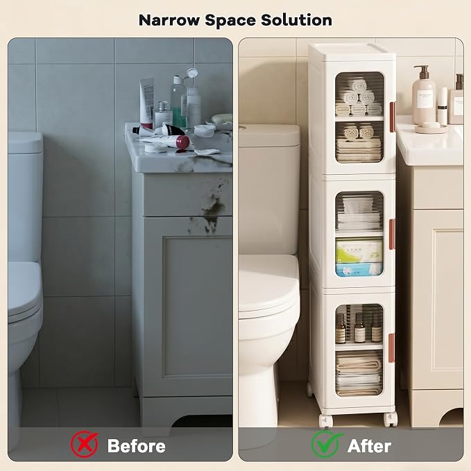 3-Tier Tall Narrow Plastic Storage Cabinet of 2, Foldable | Rolling Organizer with Lid,Doors,Stackable, Adjustable Shelves, Durable PP,Freestanding Bathroom Cabinet for Small Slim Space - Image 8