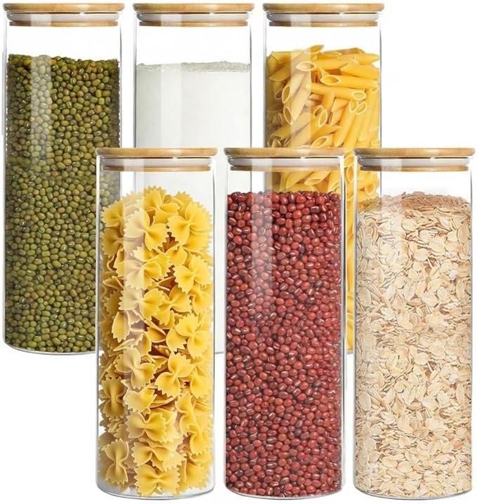 Glass Storage Containers with Airtight Bamboo Lids,Round Glass Jars Pantry Organizers,Perfect for Kitchen Organization - Flour, Rice, Pasta, Sugar, Coffee Beans, Accessories Included (43oz*6) by EQEYBRAND