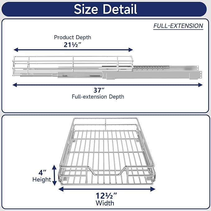 Pull Out Cabinet Organizer, 12.5" W x 21.5" D, Heavy Duty Chrome Slide Out Shelf for Narrow Base Cabinets, Sliding Wire Basket Drawer for Spices, Bottles, Snacks & Cleaning Supplies - Image 2