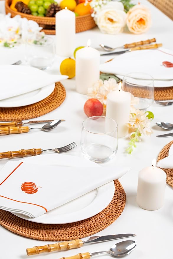 Hofdeco Premium Fall Coastal Cotton Cloth Napkins Set of 4, 20"x20" Washable Dinner for Events, Parties, Rust Orange Embroidered Pumpkin - Image 2