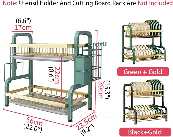 CAKERS Dish Drying Rack with Removable Drain Tray|Carbon Steel Dish Strainers for Kitchen Counter|Tableware Holder Dinnerware Drainer Organizer,Green-Gold,2 Tier(Extra Long)-Main Shelf - Image 2