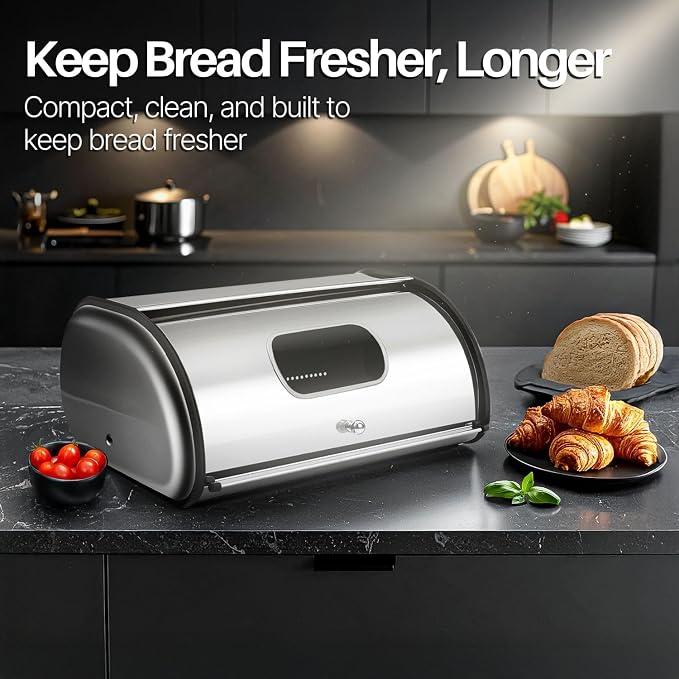 Flexzion Stainless Steel Bread Box for Kitchen Countertop, 13 Inch, Silver | Large Bread Storage Container with Roll-Top Lid, Front Window, Rear Vents, and Room for Bread, Bagels, Muffins, and Pastries - Image 2