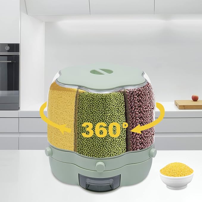 360° Rotating Grain Dispenser With 6 Grids, 13.2lbs Large Capacity Grain Dispenser Rotating Kitchen Storage Containers With Sealed Lid For Peanut Barley Millet And Cereal (Matcha green, 17.6 lbs) - Image 3