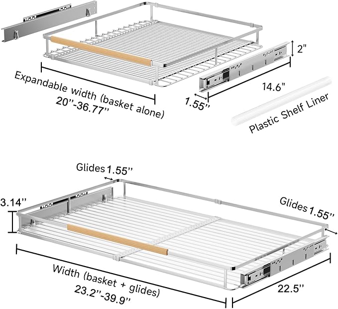 Expandable Pull Out Cabinet Organizer, 23.2"-39.9" W x 22.5''D | 1Pack, Stainless Steel Slide Out Drawers, Heavy Duty Drawer Slides, For Kitchen Pantry Cupboard Pots Pans, Adjustable Width - Image 2