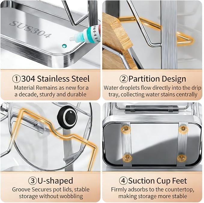 304 Stainless Steel Pot Lid Holder ＆ Spoon Rest While Cooking, Kitchen Storage Rack, Stove Top Organizer for Pan Lids, Multifunctional Cover Stand with Removable Drip Tray - Image 5