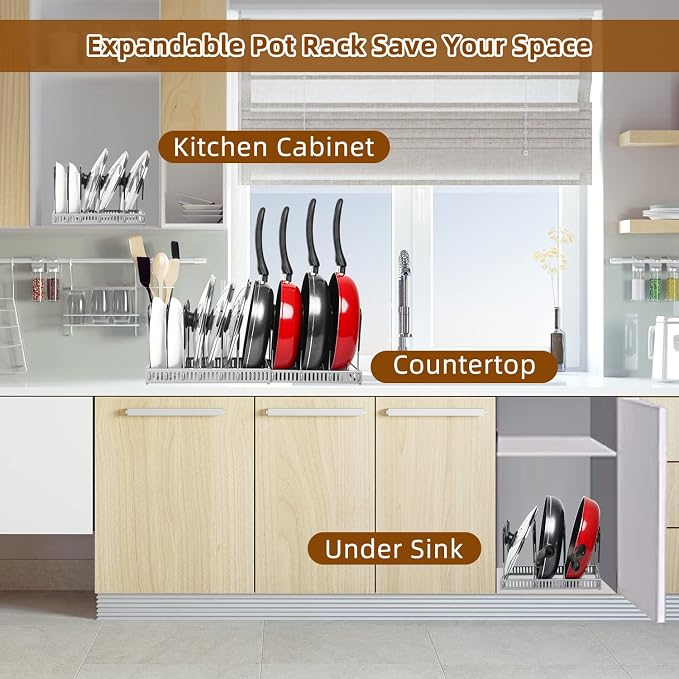 ROOHUA Pot Rack -Expandable Pan Organizer for Cabinet,Pan Organizers Inside Cabinet for Kitchen Cabinet Cookware Baking Frying Rack - Image 7