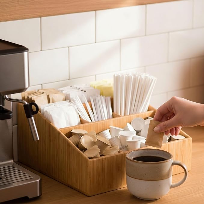 Restaurantware-11.75 x 5.5 Inch Coffee Condiment Organizer, 1 Square Creamer Organizer - 9 Compartments, Break-Resistant, Bamboo Coffee Accessory Caddy, Won't Chip, For Sugar Packets And Creamers - Image 5