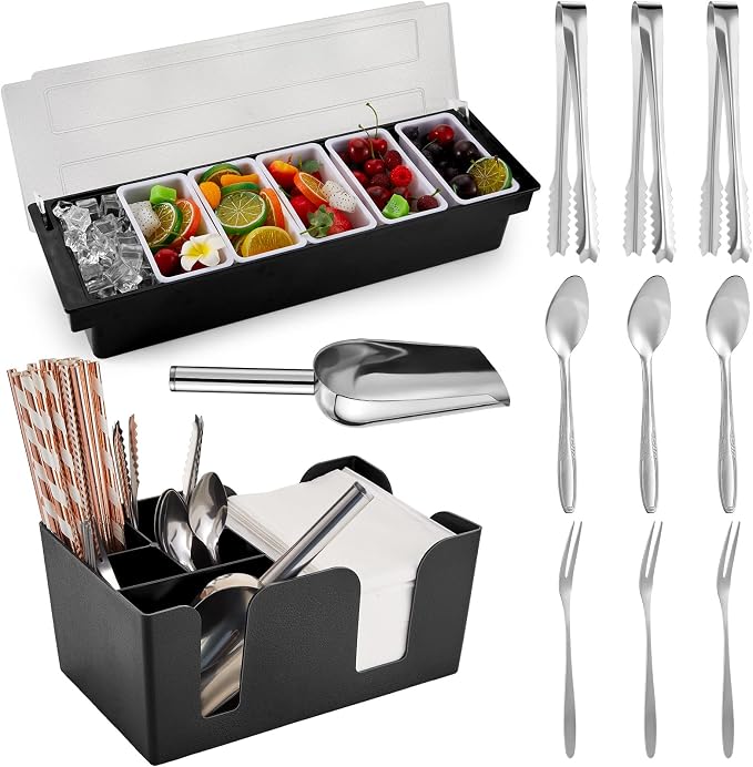Tessco for you Garnish Tray with Lid Bar Caddy Ice Cooled Condiment Serving Container with Ice Scoop Metal Mini Serving Tongs Fruit Fork Spoons for Food Home Party Kitchen(Plastic,6 Grids) by Tessco
