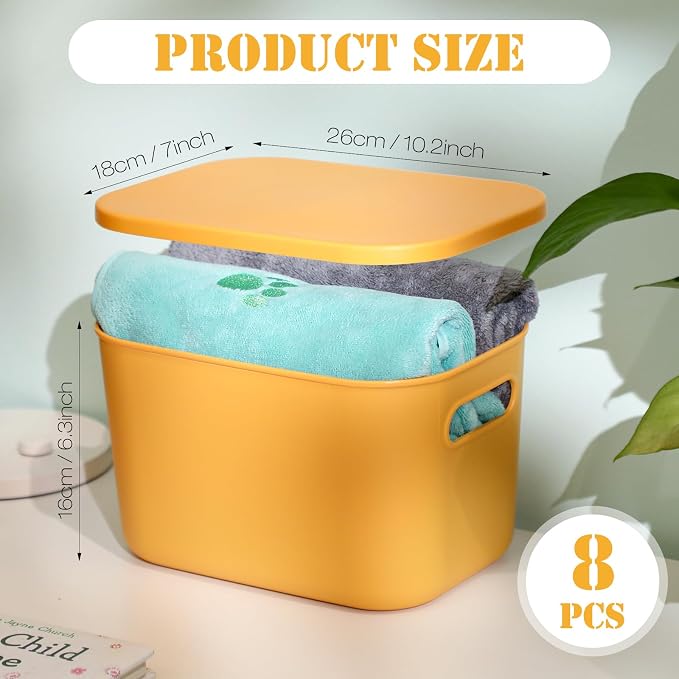 8 Pieces Colorful Storage Bins with Lid, Plastic Storage Basket Organizing Container Stackable Box with Handle for Shelves Desktop Playroom Office(10.2 x 7 x 6.3 Inch,Yellow) - Image 2