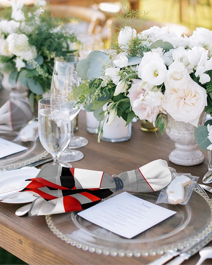 Red Ombre Cloth Napkins Set of 8, Black White Grey Abstract Wavy Line Dinner Napkins Cloth Washable, Cocktail Napkins Reusable for Wedding, Party, Birthday (20"x20") - Image 2