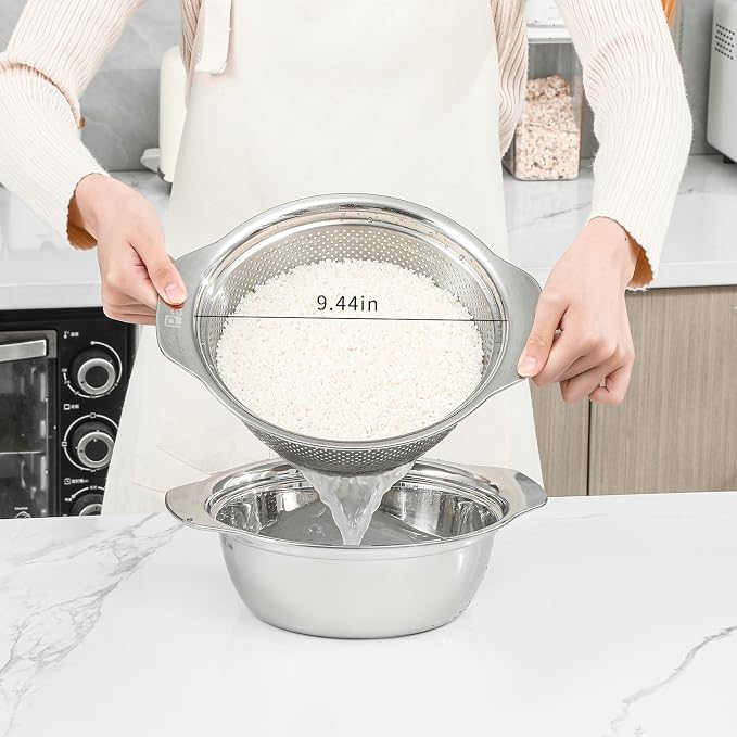 Paoli 304 Stainless Steel Fine Mesh Colander Set, 2.5QT Large Capacity Strainer with Mixing Bowl — Rinse Fruits, Veggies, Rice & Drain Pasta, Dishwasher Safe (2-Piece) - Image 2