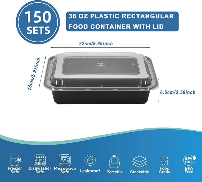 38oz Food Storage Containers with Lids,150 Sets Disposable Meal Prep Boxes | Single Serving Meal Prep Boxes,Leak-Proof, Microwave Freezer Safe,Black To-Go Containers For Lunch Portion Control & Catering - Image 2