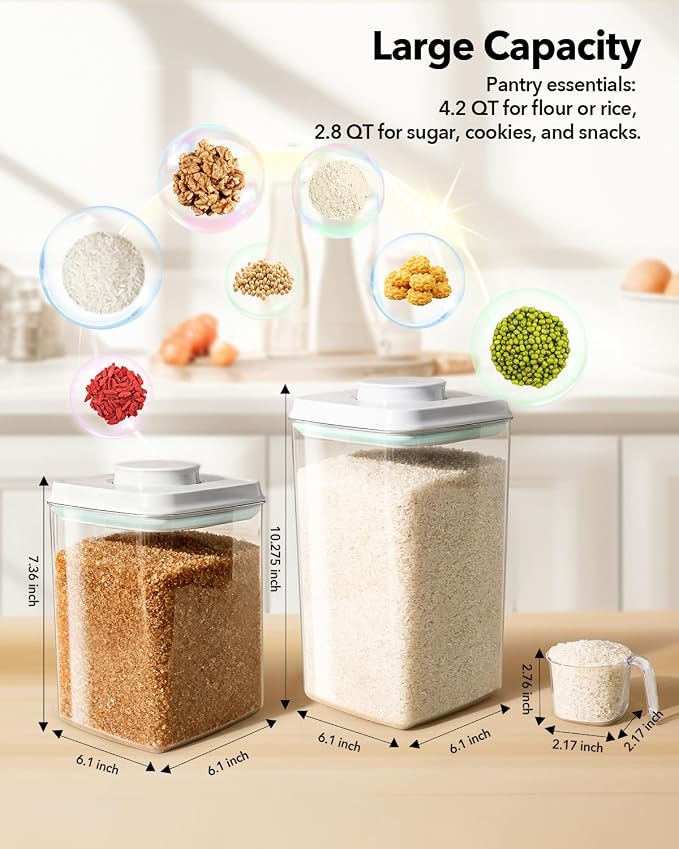 Food Storage Container Sets, 2.8 Qt *2+ 4.2 Qt *4 Airtight Canisters with Lids and 130ml Scoop, BPA-Free Plastic Pantry Containers for Flour, Sugar, Rice - Image 6