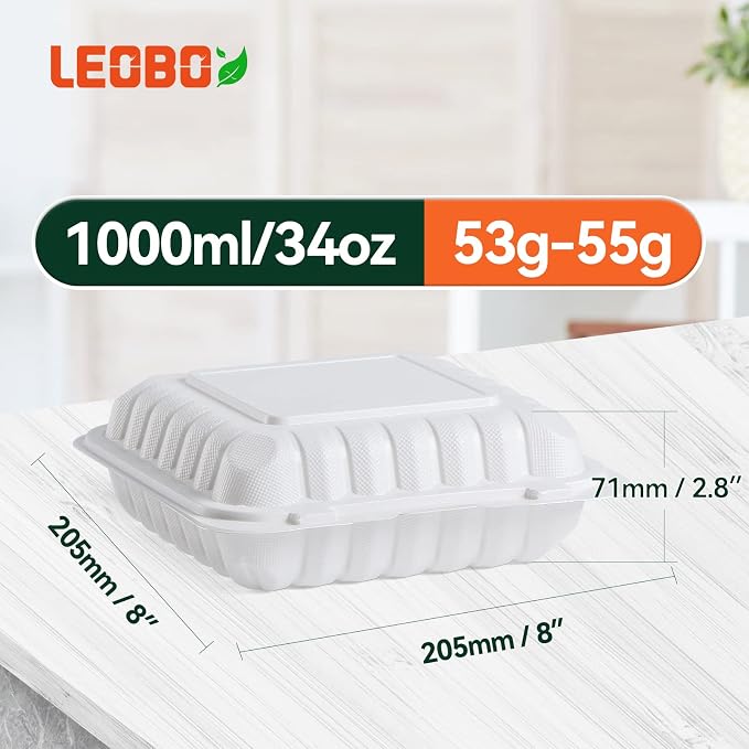 8 Inch 34oz 55-Pack White Food Containers - Shrink Wrap No Pre-Wash | BPA Free Sturdy Reusable | Microwave, Freezer & Dishwasher Safe for Leftovers, Meal Prep, Takeout & Catering Disposable Box - Image 3