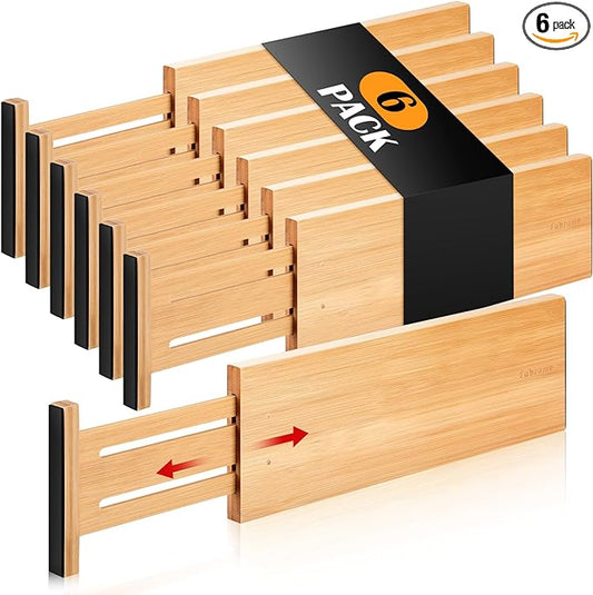 Fabsome Dresser Drawer Organizers 6 Pack, 4.65'' High Adjustable from 12.5-17‘’ Bamboo Drawer Dividers for Clothing Baby Clothes, Wooden Separators for Dresser Nursery Organization with Soft Foam Ends by Fabsome