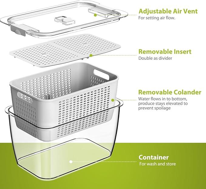 LUXEAR 4 Pack Fruit Vegetable Containers for Fridge, Produce Saver Container with Lids &Removable Colander BPA-free Refrigerator Storage Organizer for Fruit Vegetable, Berry, Meat keep Fresh Longer - Image 3
