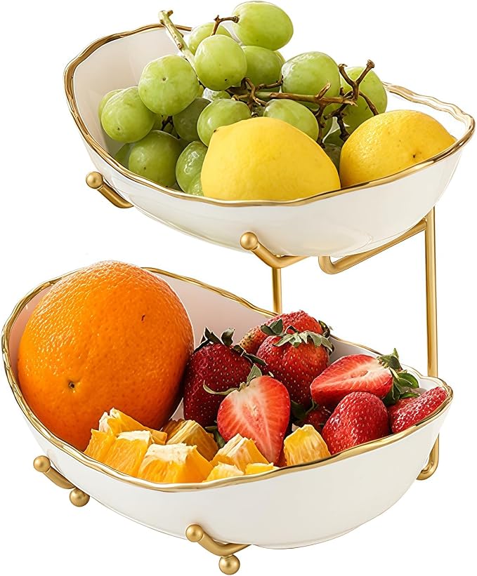2 Tier Fruit Bowl, Ceramic Fruit Basket for Kitchen Counter | Fruit Holder for Kitchen, with Metal Stand, No Installation Required, Save Space, Easy to Clean, Modern, Gold-rimmed, Small by MakeYourHomeCozier%EF%BC%81