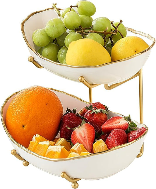 2 Tier Fruit Bowl, Ceramic Fruit Basket for Kitchen Counter | Fruit Holder for Kitchen, with Metal Stand, No Installation Required, Save Space, Easy to Clean, Modern, Gold-rimmed, Small by MakeYourHomeCozier%EF%BC%81