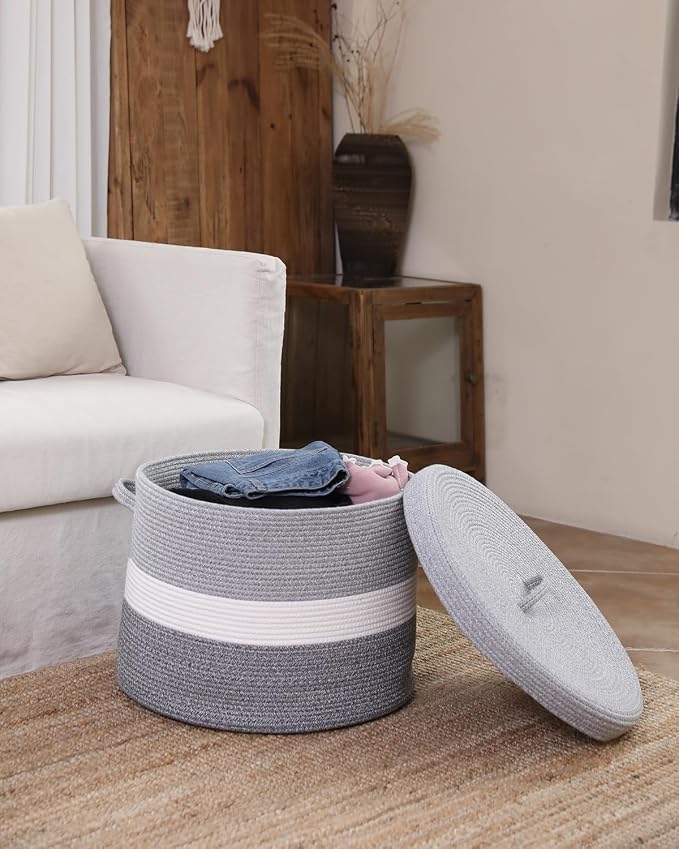 20x15 Inch Extra Large Round Cotton Rope Storage Basket with Lid, Decorative Woven Bin with Cover for Living Room Bedroom Closet, Dual Grey - Image 5