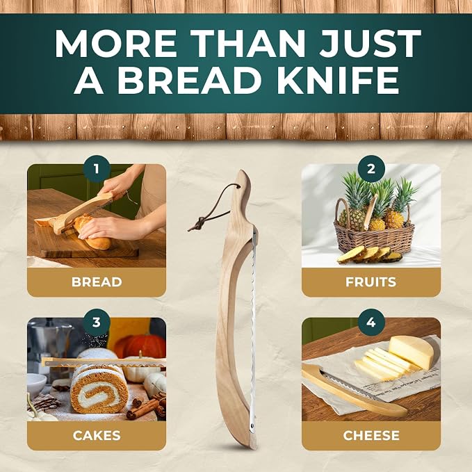 LLOTUS Bread Knife Package Slicer for Sourdough Bread, 16.5" Premium Wooden Bow Design, Premium Stainless Steel Serrated Saw, Cutter for cutting Loaf, Sandwich, Bagels, Homemade Bread & more - Birch - Image 6