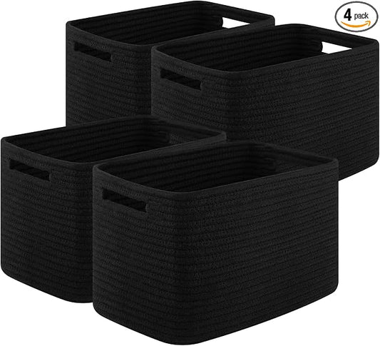 OIASKET 4Packs Natural Cotton Rope Storage Baskets for Organizing Toys, Clothes, Towels & Books, Soft Versatile Organizers for Shelves, Home Decorative Bins, 13''Lx9''Wx7.8''H, Black by OIASKET
