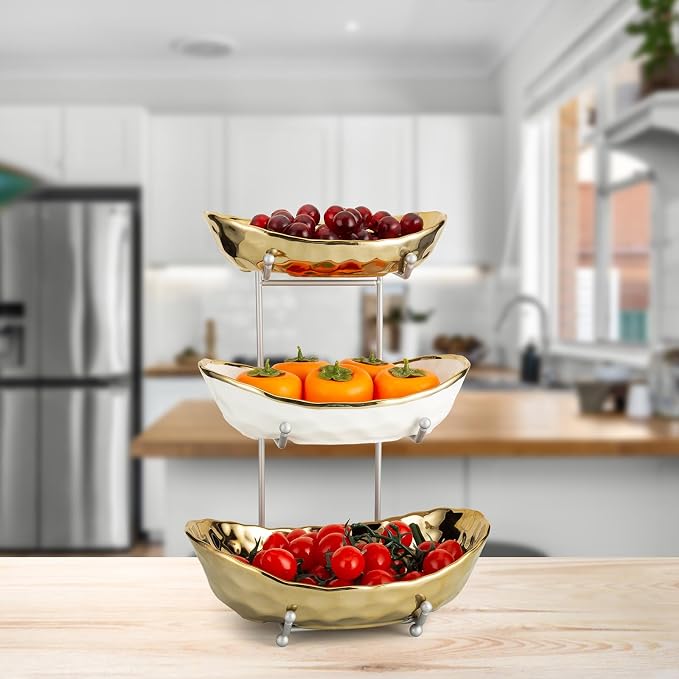 Ceramic Fruit Bowl for Kitchen Counter, 3 Tier Ceramic Serving Bowls with Metal Stand, Fruit Basket Stand Fruit Serving Tray Set for Vegetable Storage, Candy Snack Dessert Cake (Gold) - Image 4