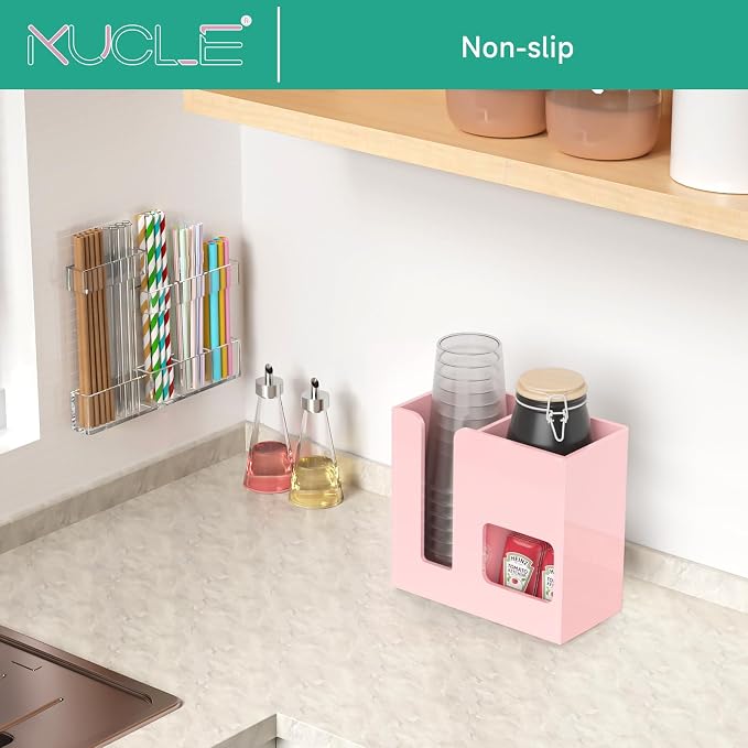 2-Tier Coffee Station Organizer for Countertop, 3 Compartments Pink Acrylic Cup and Lid Holder Tea Condiment Storage Upright Coffee Bar Organizer Pod Dispenser for Office Breakroom Home Kitchen - Image 3