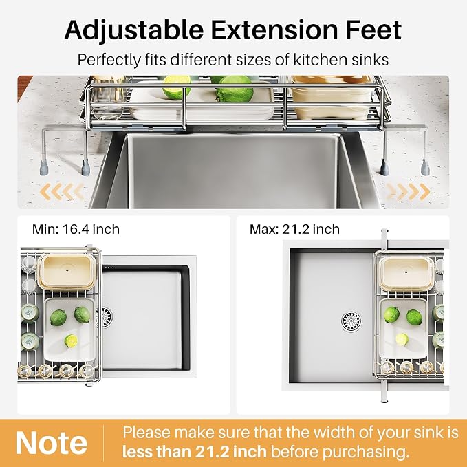 Expandable Dish Drying Rack for Kitchen Counter, Stainless Steel, Silver | Foldable Over Sink, Large Capacity, Adjust to Fit Most Sinks, Angled Drainboard, Removable Utensil Holder, Slip Resistant - Image 7