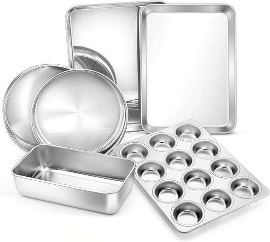 E-far 6-Piece Baking Pans set, Stainless Steel Bakeware Set for Oven, Include 8-Inch Cake Pan/Rectangle Baking Cookie Sheet/Muffin/Loaf Pan, Non-Toxic & Heavy Duty, Dishwasher Safe by E-far