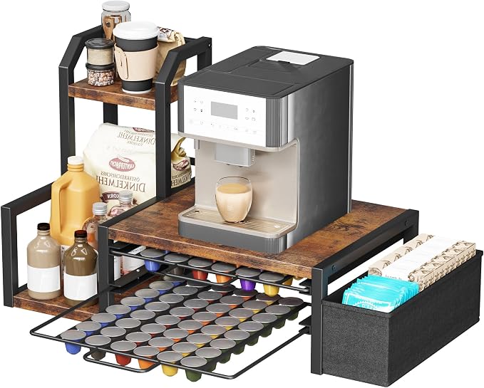 Coffee Pods Drawers, Holds 96 OriginalLine Pods & 10 Syrup Bottles | Coffee Station Organizer with OriginalLine Pod Holder, Pull-Out Drawer with Anti-Slide Lock, Side Basket & Syrup Rack by Homeiju