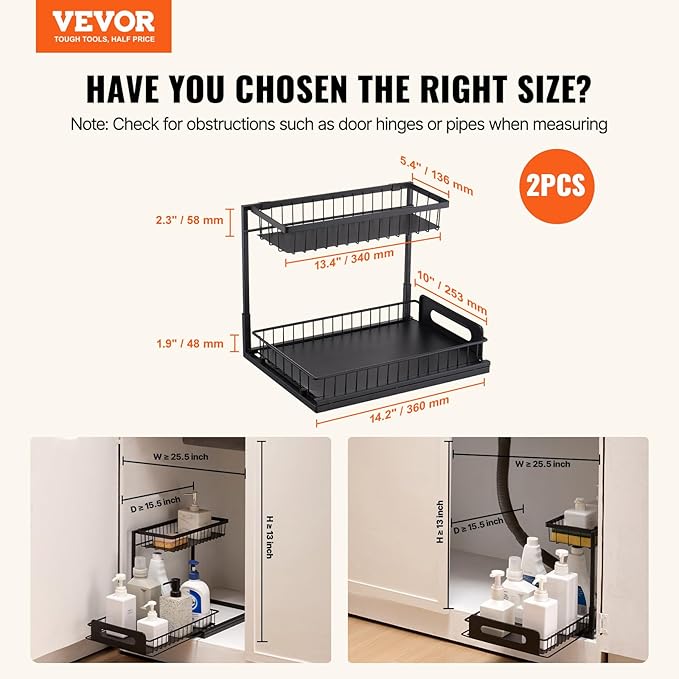 VEVOR Pull Out Cabinet Organizer, 2 Tier Under Sink Organizer and Storage(10.7"W x 14.2"D ), Slide Out Drawer Cabinet Organizer, Wire Basket Sliding Shelf for Kitchen Bathroom Cabinet, Black (2 Pack) - Image 2