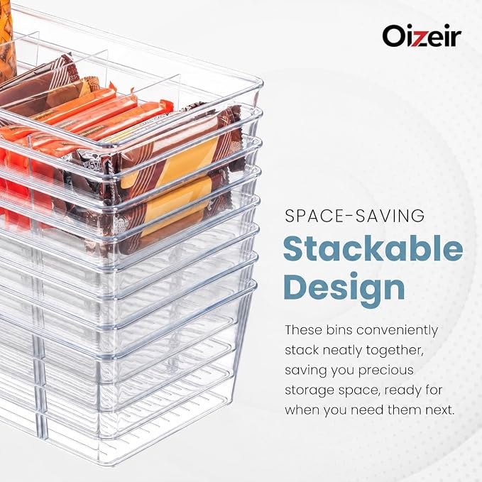 Oizeir Clear Pantry Organizer Bins 4-Pack - Fridge Organizer with 3 Removable Dividers - Kitchen Pantry Organizers & Storage - Storage Cabinet Snack - Image 4