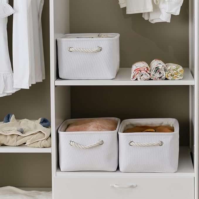 Decorative Basket for Organizing - Medium-1Pack 13.8L*9.8W*6.7H Rectangular Fabric Storage Bin Organizer Basket with Handles for Clothes (White) - Image 2