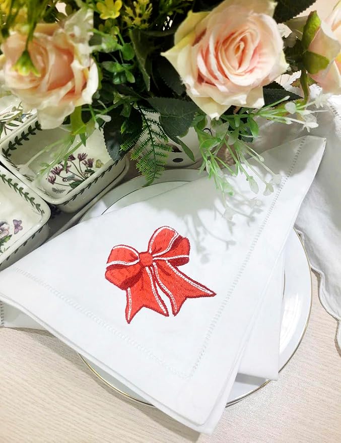 Embroidered Cloth Napkin Red Bow Cotton Napkins Set of 6, 20 x 20 Hemstitch Table Napkins, Machine Washable, for Daily & Holiday Dining, Great Gift Ideas - Image 6