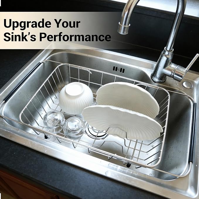 Thickened and Deepened Dish Drying Rack in Sink, Expandable Stainless Steel Dish Drainer with Tray for Kitchen Counter (16x11) - Image 2