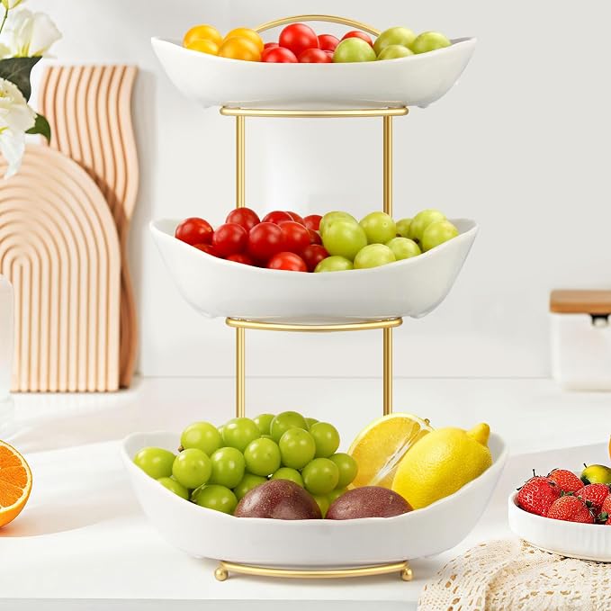 Ceramic Fruit Bowl for Kitchen Counter, Fruit Basket with Metal Stand, Tiered Fruit Rack for Countertop, Modern Serving Bowl for Party Dessert, Vegetable, Snack (White) - Image 8