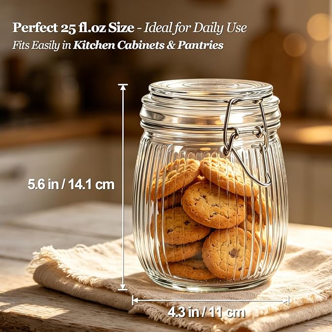 ComSaf Ribbed Glass Mason Jars with Airtight Lids 25 oz 6 Pack Coffee | Flour sugar coffee beans, Fermenting pickling, Farmhouse pantry decor, Kitchen storage, Dry food storage, Sourdough starter - Image 3