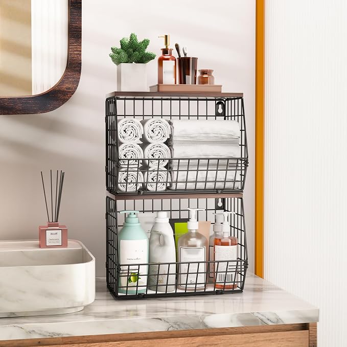 Wawocs Fruit Basket for Kitchen Counter 2 Tier Fruit Bowl, Stackable Wall Mounted Hanging Fruit Basket Wire Baskets with Wood Lid with 4 Banana Hanger Hooks, Onion Basket, Fruit and Vegetable Storage - Image 5