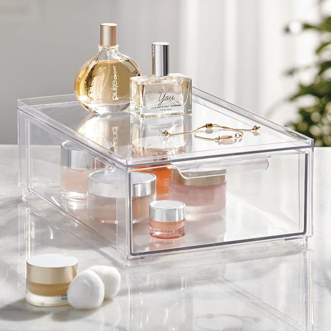mDesign Plastic Stackable Bathroom Storage Organizer Bin Containers with Front Pull Drawer for Bathroom Countertop, Vanity, Closet Shelves - Holder for Beauty Accessories - Lumiere Collection - Clear - Image 2
