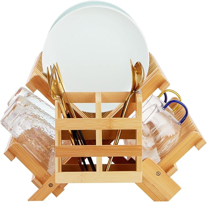 Bamboo Dish Drying Rack, 3-Tier Collapsible Wooden Dish Rack with Utensil Holder, Bamboo Dish Drainer Rack for Kitchen Counter 25pcs by Worthyeah