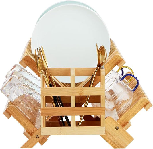 Bamboo Dish Drying Rack, 3-Tier Collapsible Wooden Dish Rack with Utensil Holder, Bamboo Dish Drainer Rack for Kitchen Counter 25pcs by Worthyeah