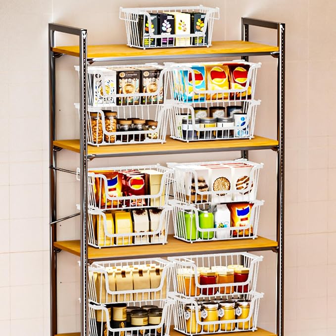 5 Pack Enhanced Leak-Proof Bottom Stackable Wire Baskets, Pantry Organizers and Storage, pantry storage，Shelf Baskets, Fruit Basket, Potato and Onion Storage Bins，(White) - Image 7