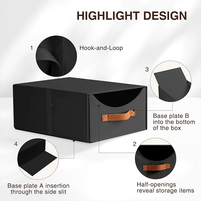 Stackable Storage Drawers - Large Collapsible Storage Bins with Drawers, 6 Pack Closet Shelf Organizer Basket, Fabric Pull Out Organizer for Bedroom, Living Room, Dorm, Black - Image 4