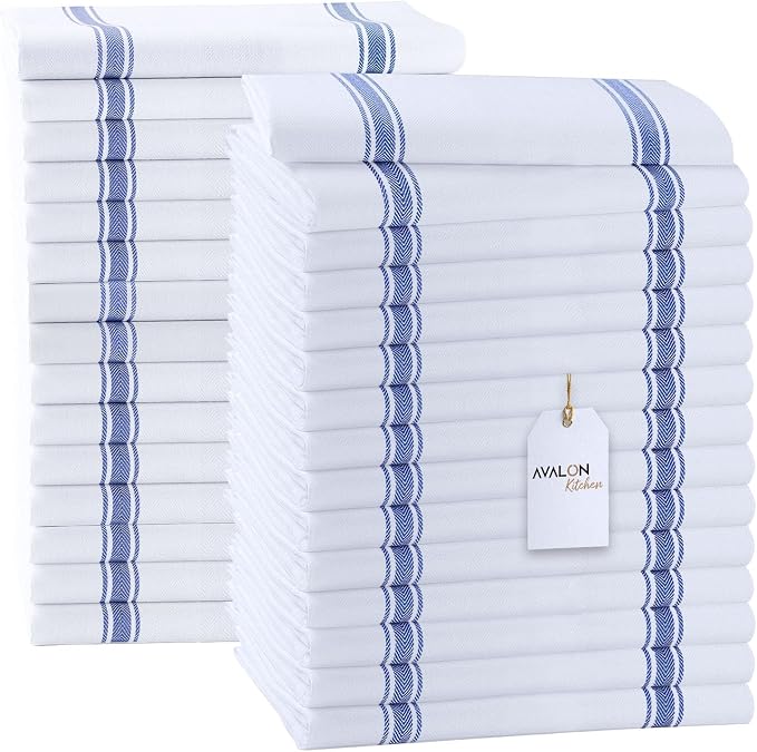 Dish Towels 30 Pack Blue Stripe 100% Cotton Kitchen Towel 15x25 Inch Tea Towels, Dish Cloths for Washing Dishes, Kitchen Rags for Drying Dishes by Avalon+Kitchen