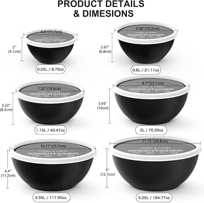 Greentainer Plastic Mixing Bowls with Lids Set 12 Piece Colorful Mixing Bowl Set for Kitchen - Nesting Bowls with Lids Set, 6 Prep Bowls and 6 Lids - Microwave and Freezer Safe(Black) - Image 8