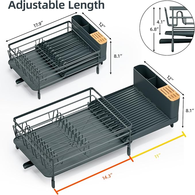 Urackify Extendable Dish Rack, 18.5"-26.7" L x 12.7" W, Dark Slate Gray | Multifunctional large dish rack with cup holder and built-in cutlery holder for versatile drying needs - Image 8
